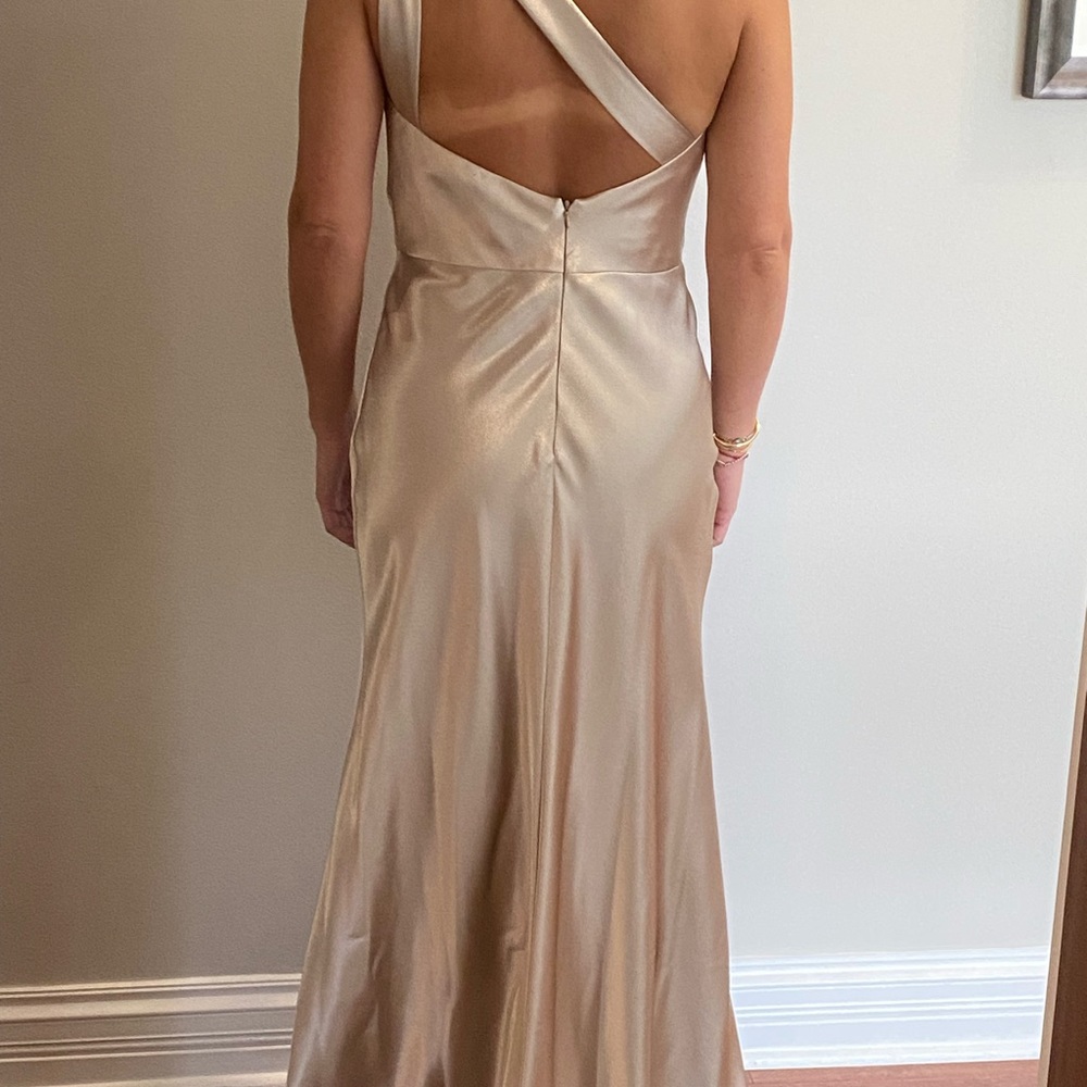 Jenny Yoo bridesmaid dress. Style: Lena+; Fabric: Satin back crepe; color: Latte